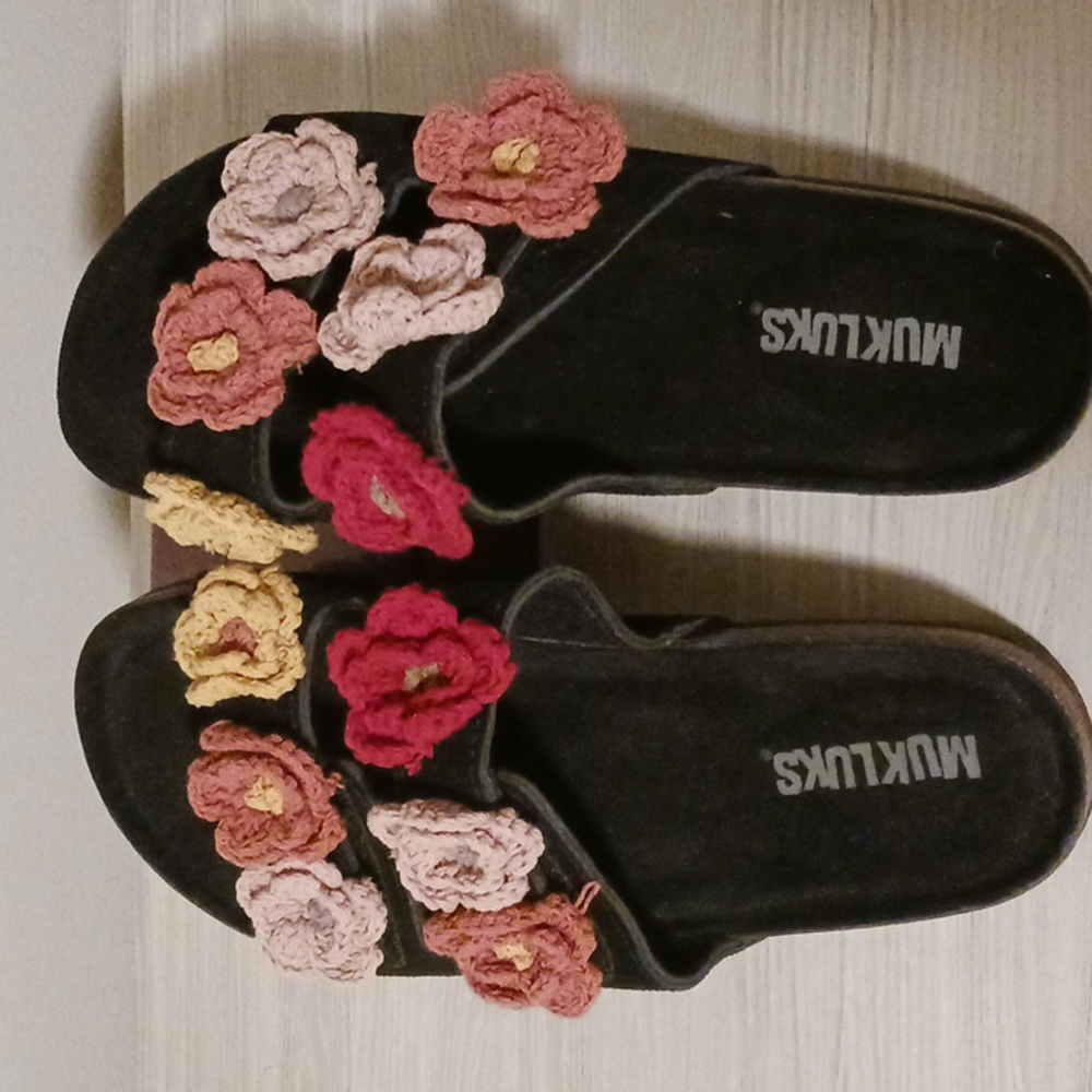 Muk Luks Black Sandals with Colorful Crochet Flowers